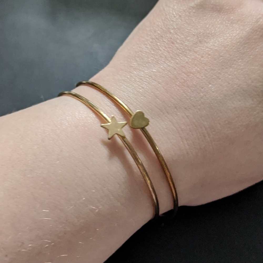 Gold Tone Heart and Star Dainty Delicate Cuff Bracelets - Set of 2